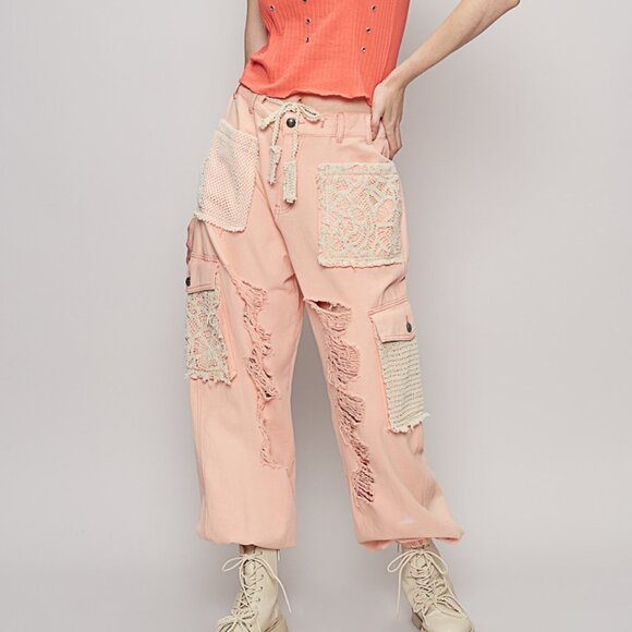 POL Pants - POL Peach Blush Distressed Jogger Pants with Crochet Patchwork